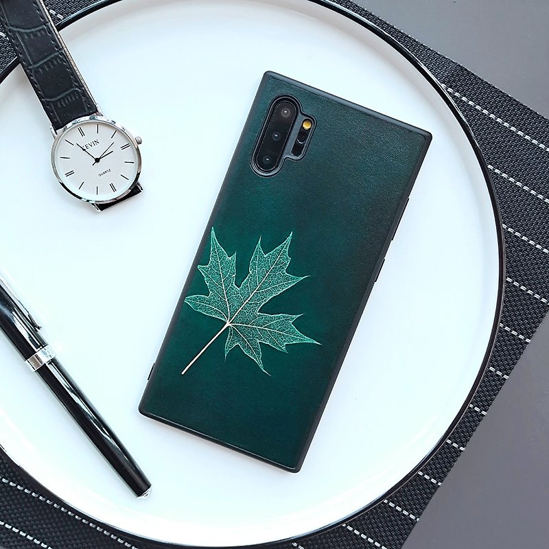 Dark green maple leaf samsung Samsung s22+ leather phone case s21 back cover note20U leather case all-inclusive anti-fall - Phone Cases - Genuine Leather Green