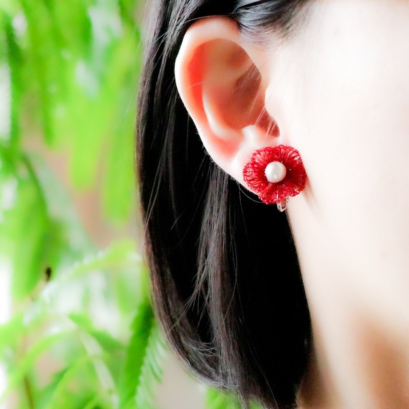 Wire Flower and Freshwater Pearl Earrings - Earrings & Clip-ons - Other Metals Red