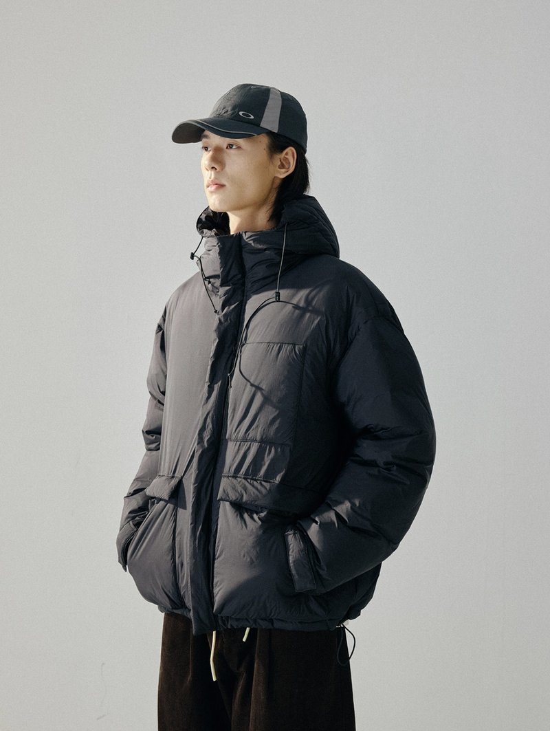 日系復古 / 連帽短款羽絨服外套 / 90白鴨絨 - 男夾克/外套 - 其他材質 黑色