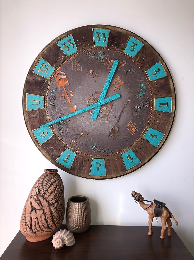 Wood African tribal totem mask ethnic eclectic wall clock 20 inches, 51cm - นาฬิกา - ไม้ สีนำ้ตาล