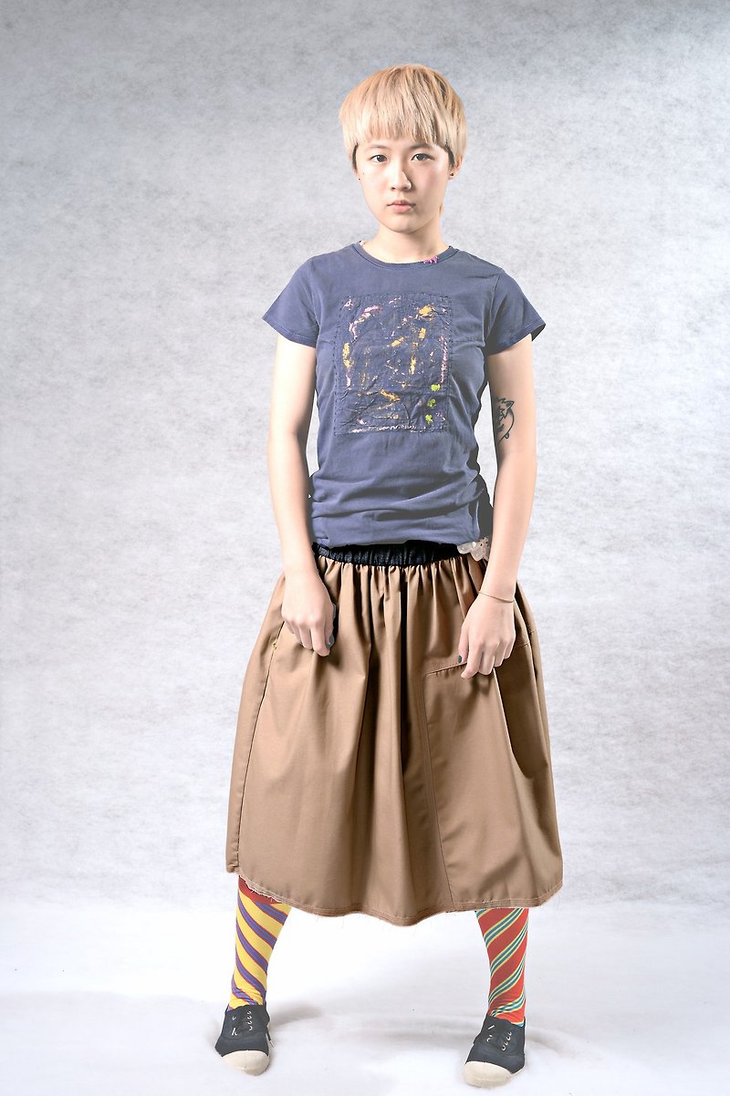 Denim Waist Khaki Skirt - กระโปรง - ผ้าฝ้าย/ผ้าลินิน สีกากี