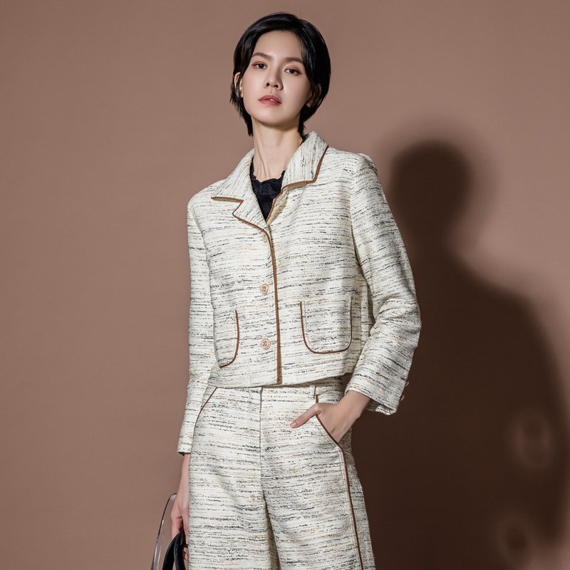 【MEDUSA】米白滾邊毛呢西裝外套(M-XL) | 女長袖西裝外套 上班 - 女西裝外套 - 棉．麻 白色