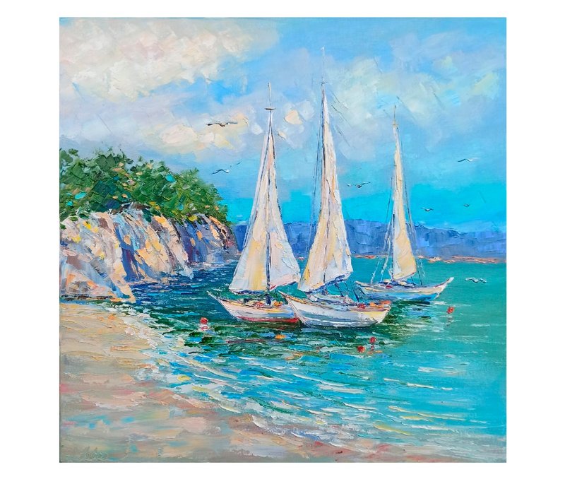 Seascape Painting Sailboat Impasto Original Art Boat Oil Painting Canvas Artwork - โปสเตอร์ - ผ้าฝ้าย/ผ้าลินิน สีน้ำเงิน