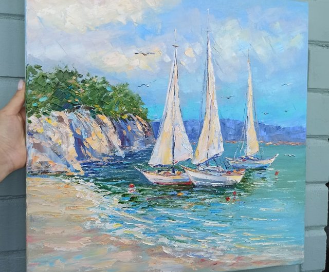 海景絵画ヨットインパストオリジナルアートボート油絵キャンバス