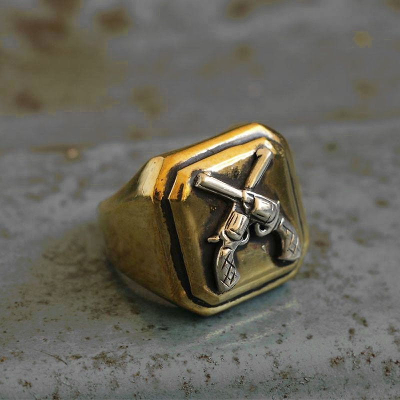 Mexican Biker Ring Skull silver Vintage brass world war cross guns cowboy West - General Rings - Other Metals Gold