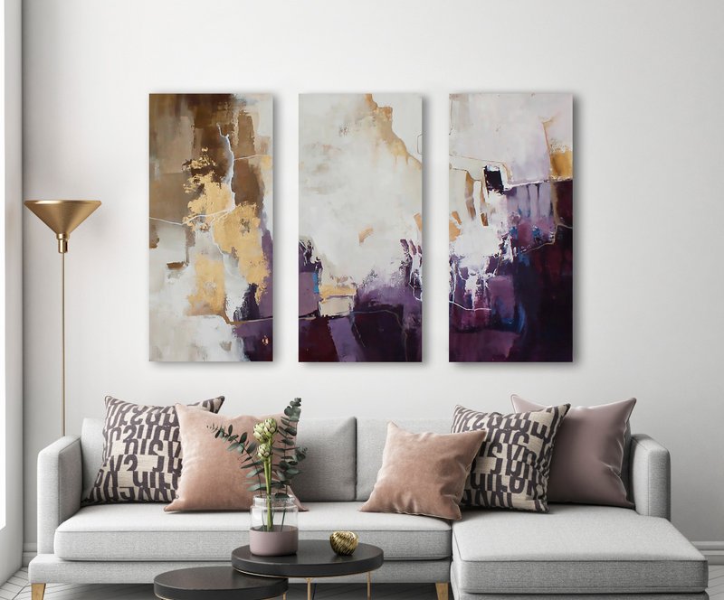 Purple abstract wall art | Triptych wall art abstract | Flash 2 Triptych - 壁貼/牆壁裝飾 - 棉．麻 紫色