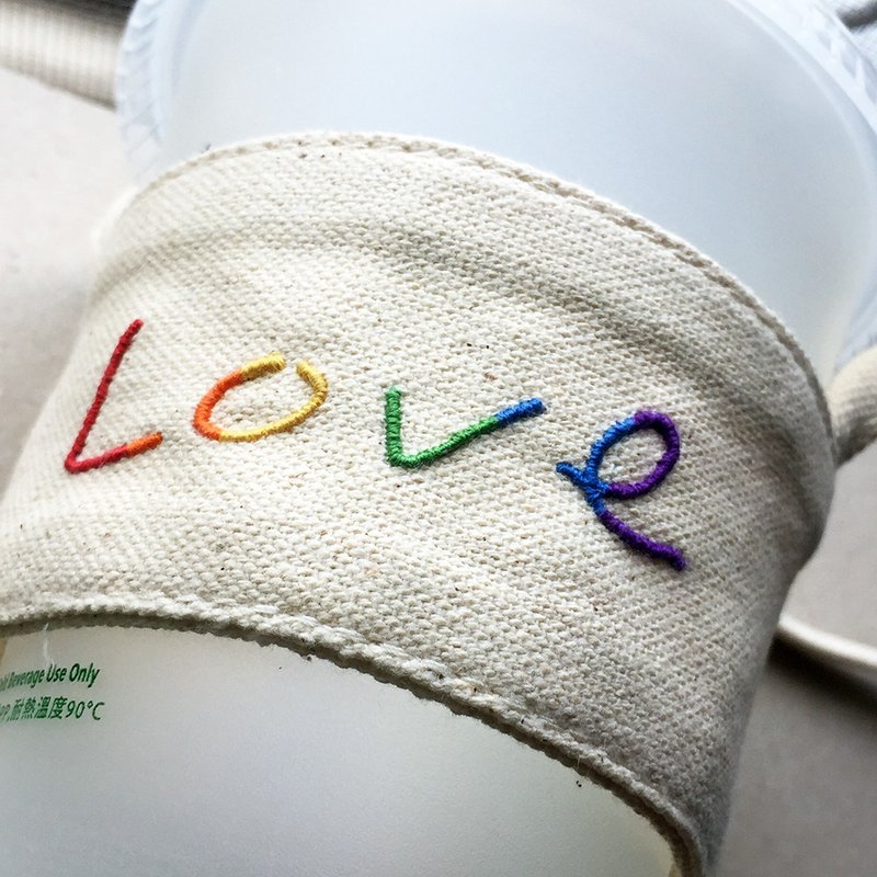 Handmade three-dimensional text embroidery rainbow wedding LOVE drink cup strap | customized gift - Beverage Holders & Bags - Thread Multicolor