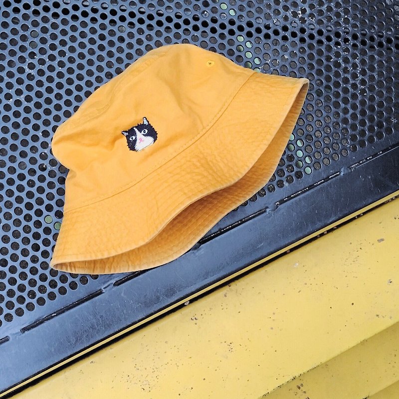 Happy cat - embroidery Bucket Hat / Yellow mustard - หมวก - ผ้าฝ้าย/ผ้าลินิน สีเหลือง