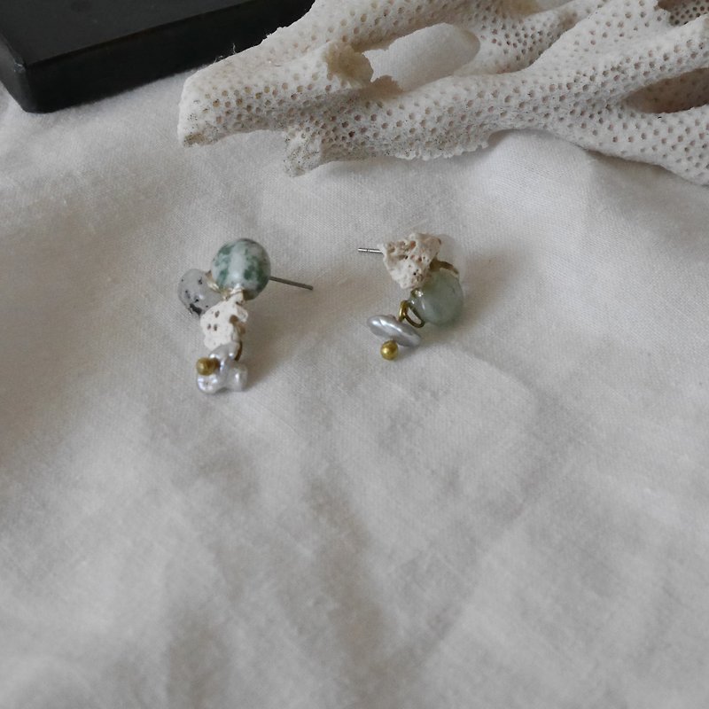 金繼 耳環 ピアス / イヤリング  | 海系列 no.64 橄欖珍珠 - 耳環/耳夾 - 半寶石 綠色