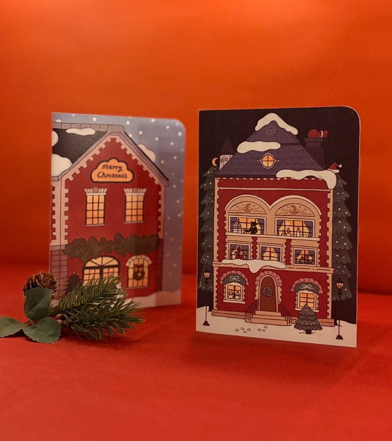 【聖誕小屋佈置卡片】雪夜/晨光款 雙面房屋場景・附6款迷你貼紙 - 卡片/明信片 - 紙 