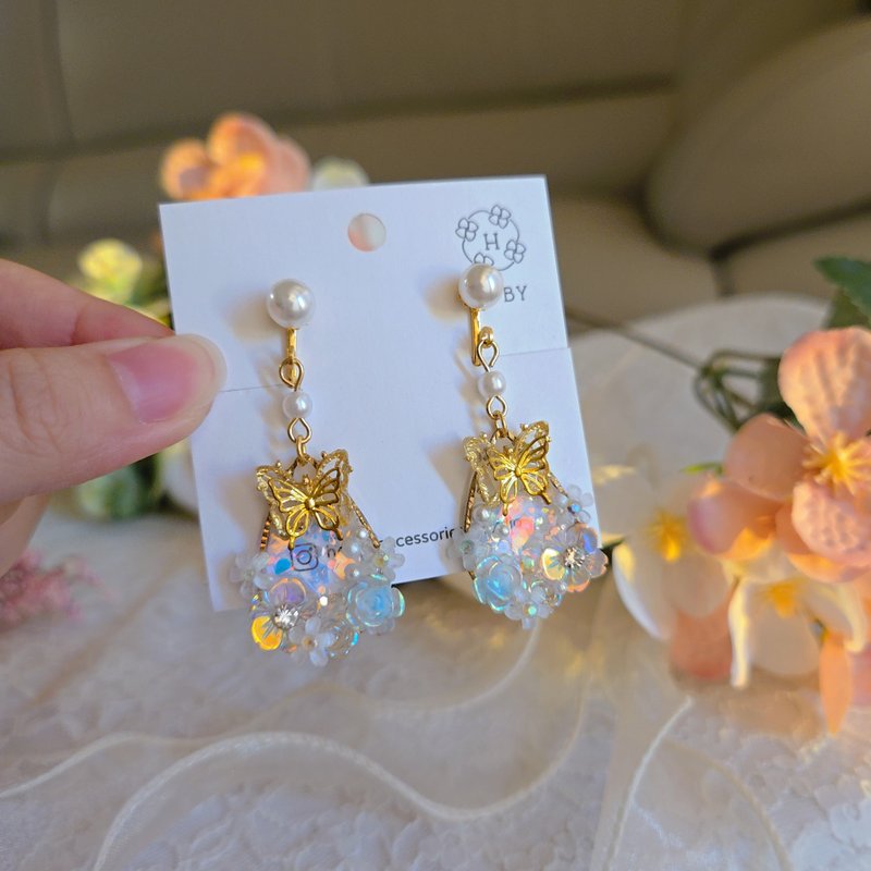 冬日水晶球 珍珠 耳環/耳釘/耳夾 原創 手作 送禮 - 耳環/耳夾 - 銅/黃銅 