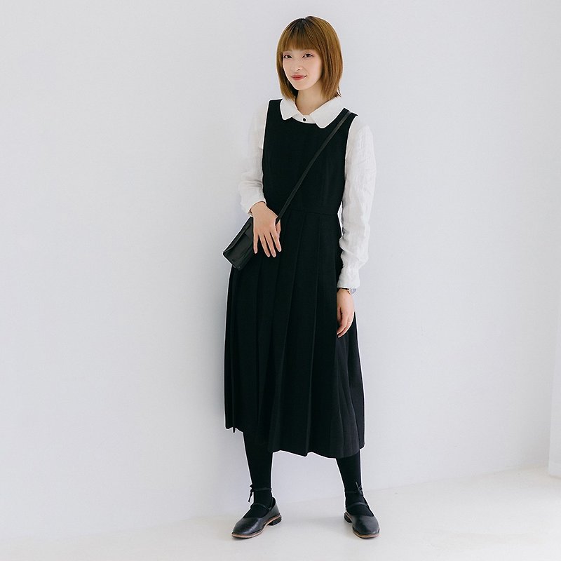 Worsted pleated pleated dress|dress|autumn|wool+cotton|independent brand|Sora-179 - One Piece Dresses - Wool Black