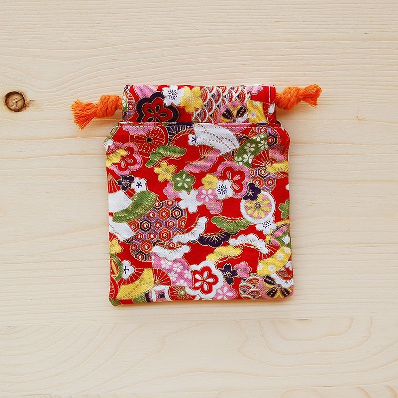 和風櫻花扇束口袋(迷你)/印章袋 首飾袋 - 印章/印台 - 棉．麻 紅色