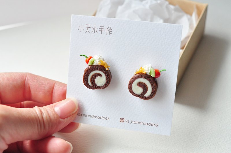 Clay Earrings & Clip-ons - Handmade chocolate cherry cake roll earrings / a pair (price for both ears) / simulation clay