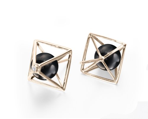 Majade Jewelry Design 黑碧璽鑽石耳環 14k黃金金字塔耳環 簡約韓風耳釘 守護石幾何耳環