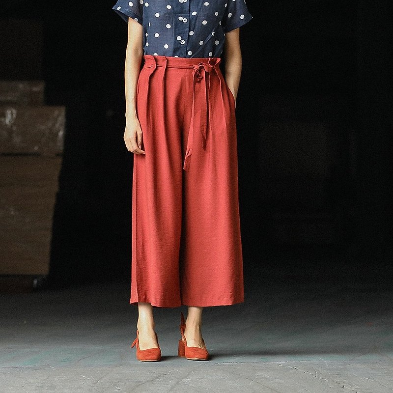 Brick red imitation copper ammonia silk flower waist lofted wide leg pants retro straight spring and summer wide pants straight pants - Women's Pants - Other Materials Red