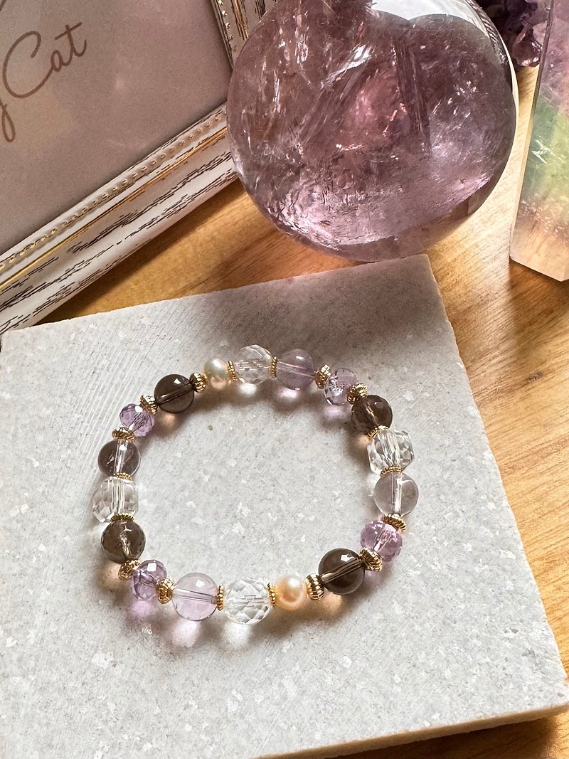 [Wisteria] Amethyst/white crystal/citrine/freshwater pearl lucky crystal bracelet for wealth and career - Bracelets - Crystal Purple