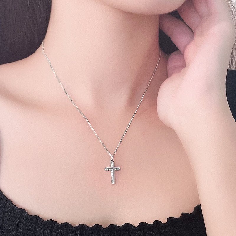 [SoLight Salt Blue] SL256, SL257 Luxury Low-key Diamond Double Cross 925 Sterling Silver Necklace - Necklaces - Other Materials White