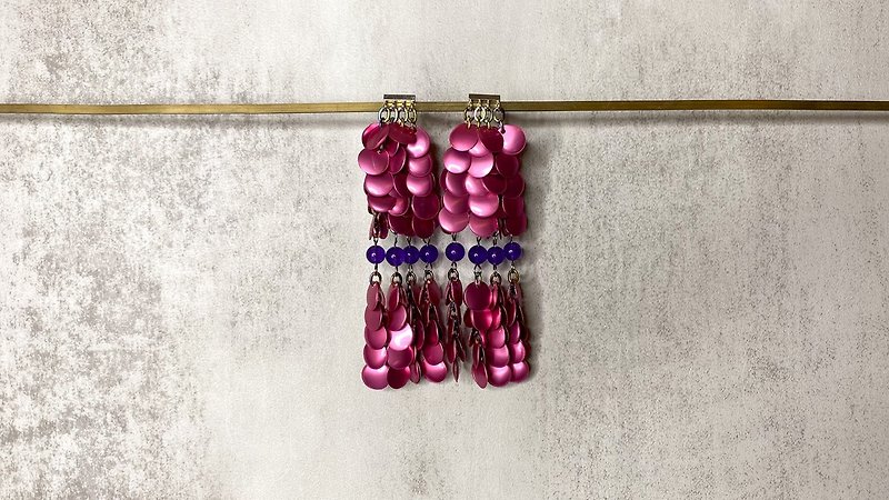 Pink sequin earrings. Multi chain earrings. Shoulder duster earrings.
