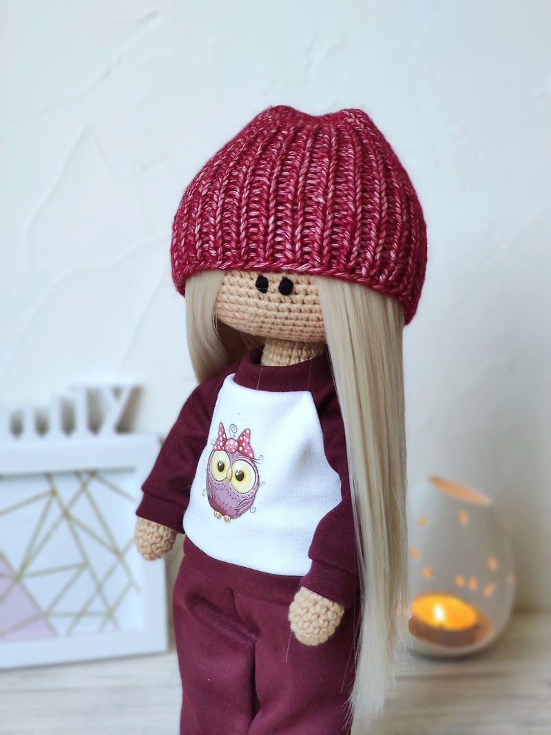 Amigurumi doll in pajamas Crochet doll girl Nursery decor Interior doll Organic - Kids' Toys - Cotton & Hemp Red