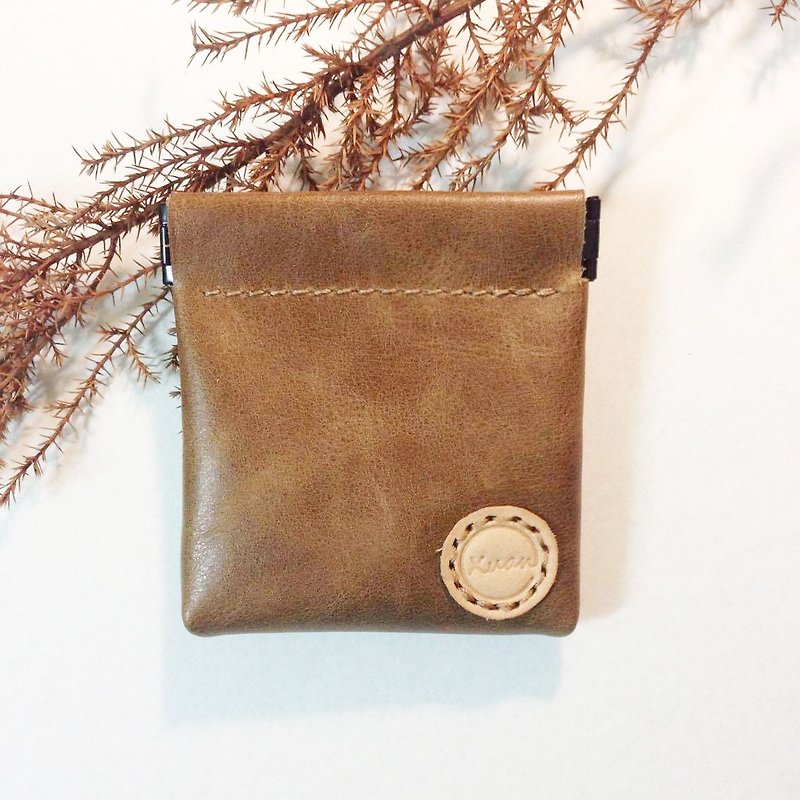 彈片零錢包 方形-爆裂紋茶色 - 零錢包/小錢包 - 真皮 咖啡色