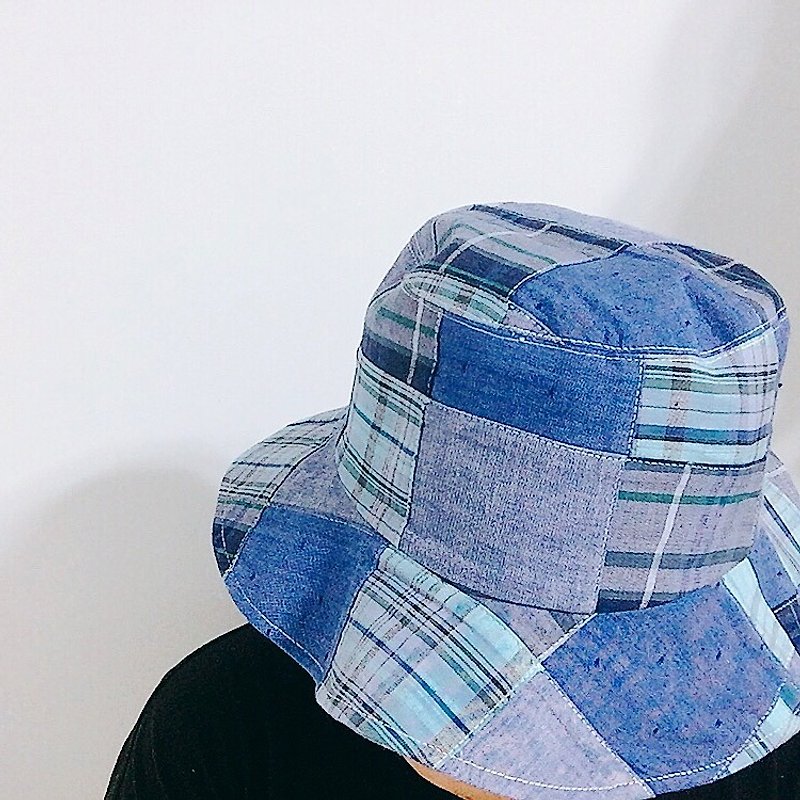 Denim patchwork handmade fisherman hat - หมวก - ผ้าฝ้าย/ผ้าลินิน สีน้ำเงิน