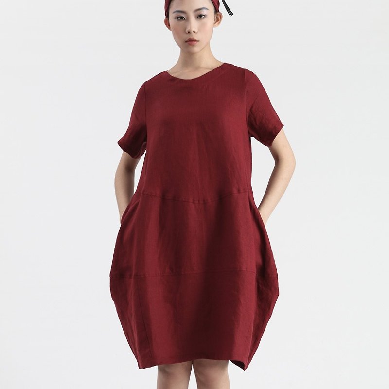 【Made-to-order】Ramie profile dress - One Piece Dresses - Cotton & Hemp Red