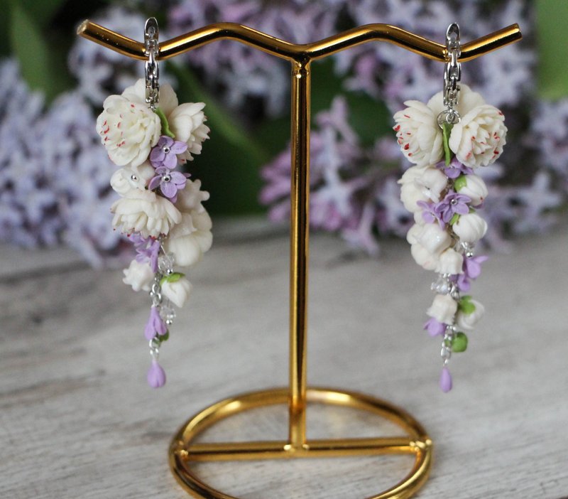 Earrings with spring flowers - 耳環/耳夾/耳骨夾 - 黏土 多色
