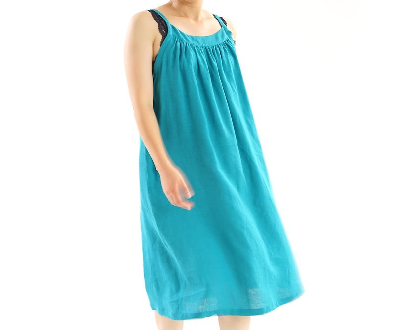 Linen Round Gather One Piece / pale blue-green  a38-2 - ワンピース - コットン・麻 ブルー