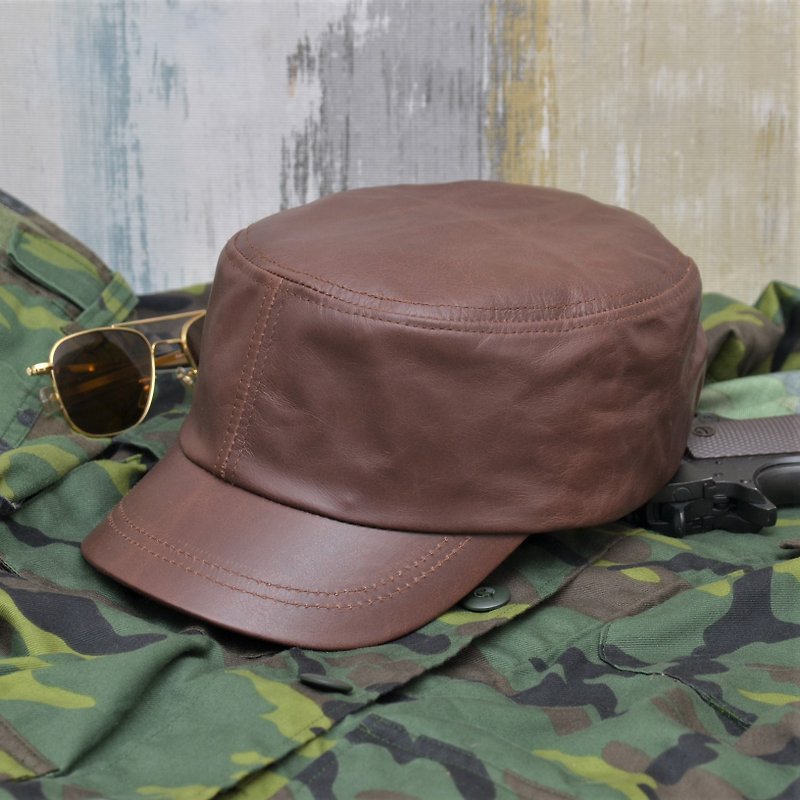 MAJORLIN military style leather hat coffee brown ultra-light cowhide military hat reflects the taste and texture - หมวก - หนังแท้ สีนำ้ตาล