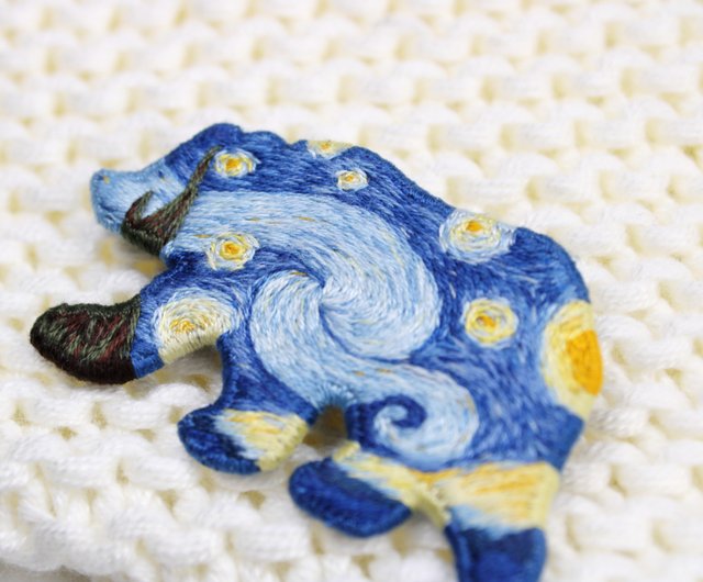 クマの刺繍ブローチ、ゴッホ星月夜、手刺繍ブローチ、ピン - ショップ