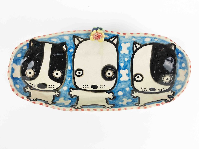 Nice Little Clay manual six foot plate _ pet dog black dog cute dog 0305-01 - Small Plates & Saucers - Pottery Blue