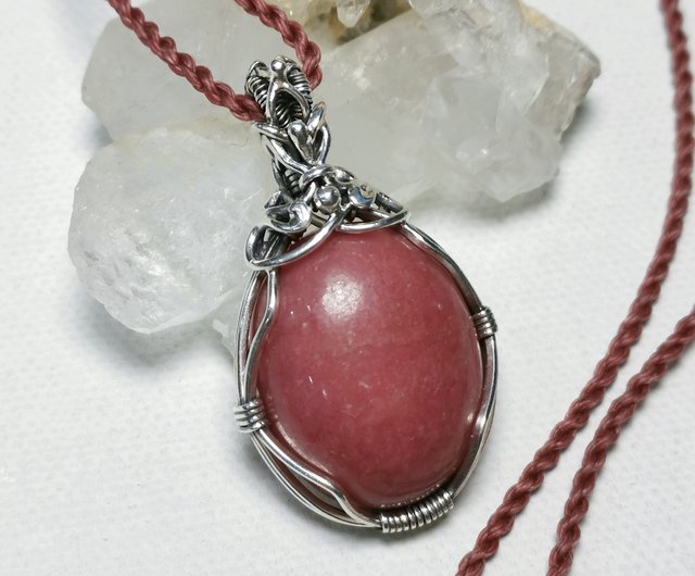 Braided Black Leather Necklace with Pink Rhodochrosite Pendant