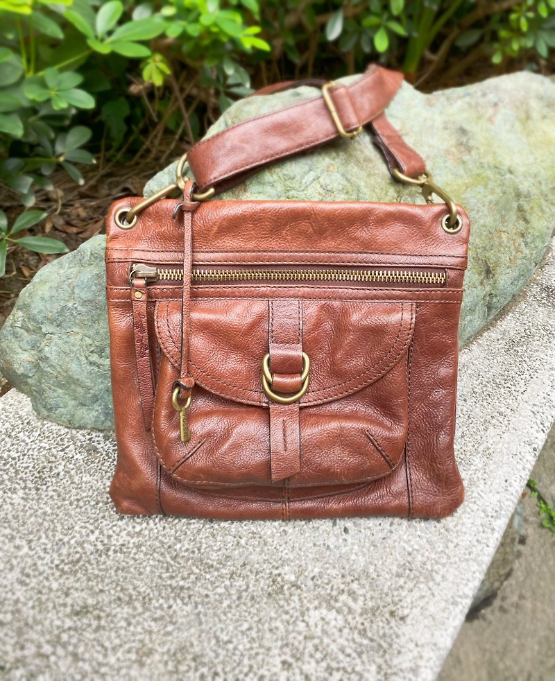 American Fossil Antique Bag/Crossbody/Vintage Bag/Vintage/Men's and Women's Used Bag - กระเป๋าแมสเซนเจอร์ - หนังแท้ สีนำ้ตาล