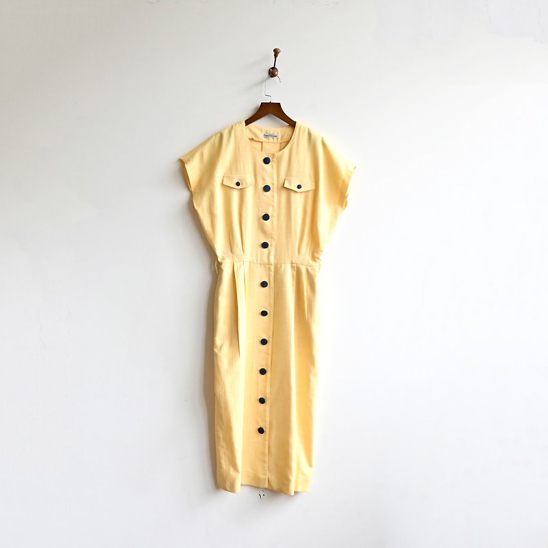 [Egg Plant Vintage] Chaoyang Japan-made hemp yarn short-sleeved vintage dress - One Piece Dresses - Other Man-Made Fibers Yellow