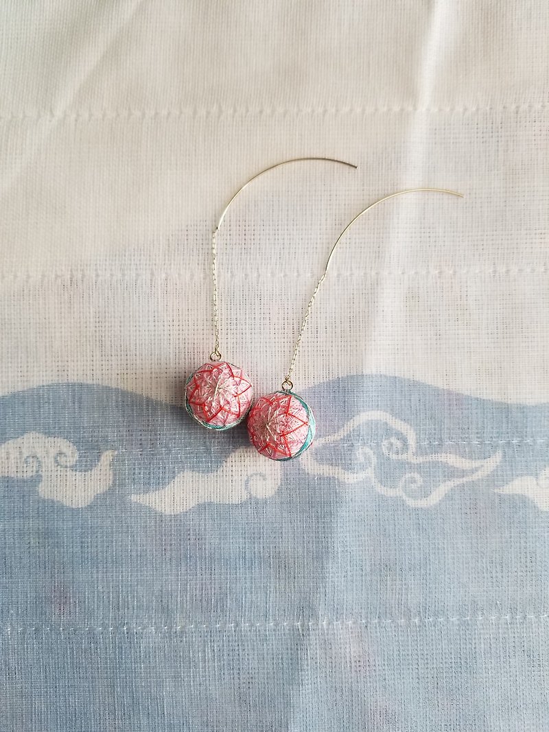 Colorful Line and Small Ball Earrings - Pink Flower (Full Hand) - Earrings & Clip-ons - Thread Pink