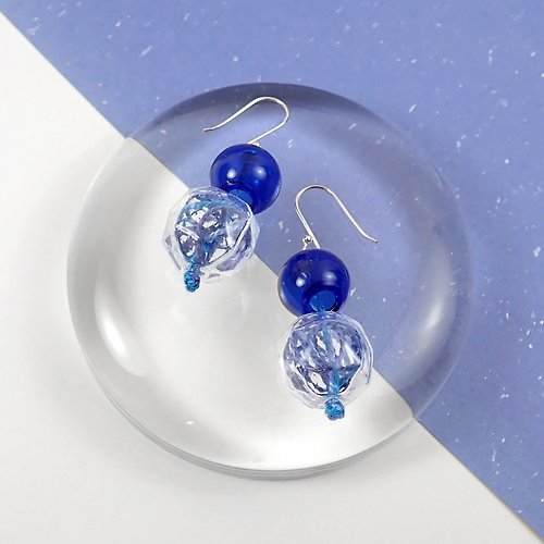 Miss Maru Jewellery 僅此一副 - Bubble | 藍系繡線+切角玻璃泡泡球925純銀耳勾耳環