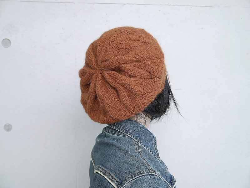 Handmade knitted woolen hat ~ classic beret (cypress color) - Hats & Caps - Wool Brown