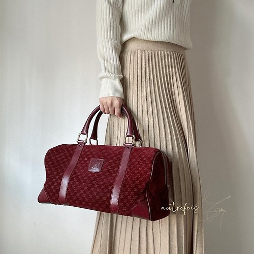 Autrefois Vintage Bags HK 中古 Celine 酒紅色麂皮波士頓包 手提袋
