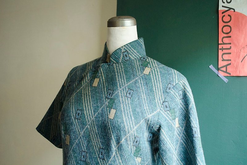 客訂碧綠檸黃羊毛斜線方塊短袖上海古董旗袍 | vintage莞洱古著 - 洋裝/連身裙 - 羊毛 