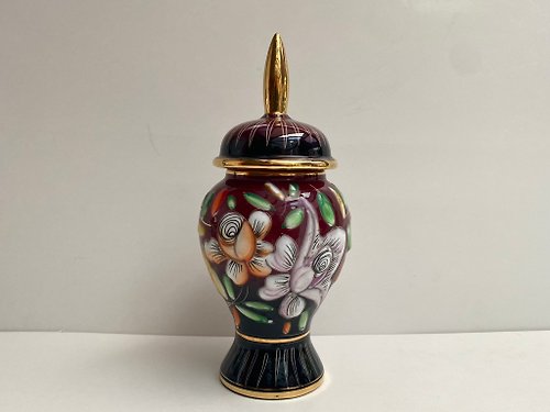 HappyDuckVintage 花瓶復古帶蓋陶瓷花卉裝飾甕 Hubert Bequet 比利時 1950 年代