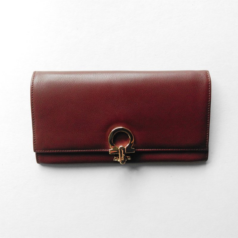 A ROOM MODEL - VINTAGE, BD-0504 Salvatore Ferragamo coffee long red folder - กระเป๋าสตางค์ - หนังแท้ สีนำ้ตาล