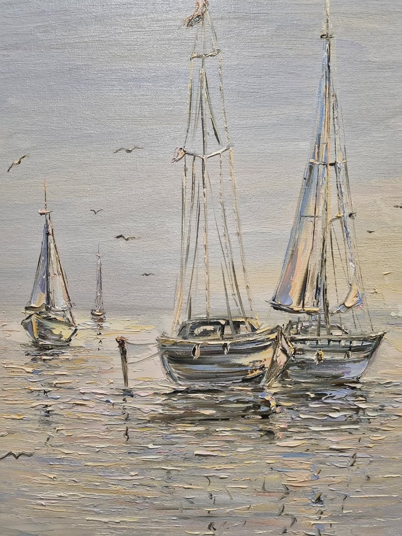 Sailboat oil painting Original Art Impasto artwork Seascape painting - 壁貼/牆壁裝飾 - 棉．麻 多色