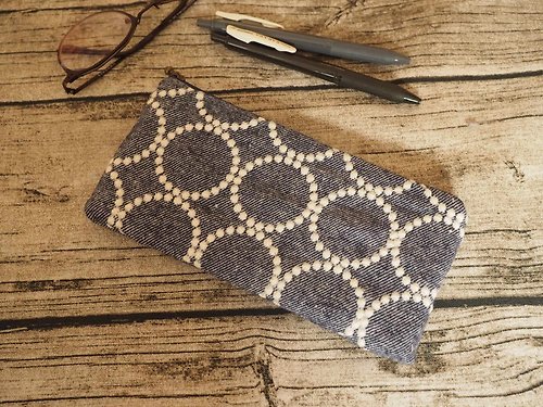 sunflowercorsage 手工製作 簡約灰藍刺繡圈圈圖案 筆袋 眼鏡袋 餐具袋