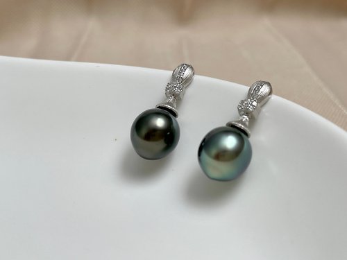 Athena珍珠設計 天然海水珍珠 孔雀綠 大溪地黑珍珠 純銀耳環