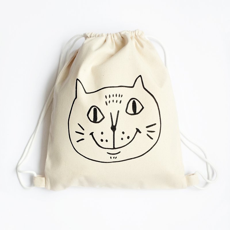 Big Cat Draw Bag / Backpack / Eco Bag / Pouting Cat / Thick / Beige + Black - กระเป๋าแมสเซนเจอร์ - ผ้าฝ้าย/ผ้าลินิน สีดำ
