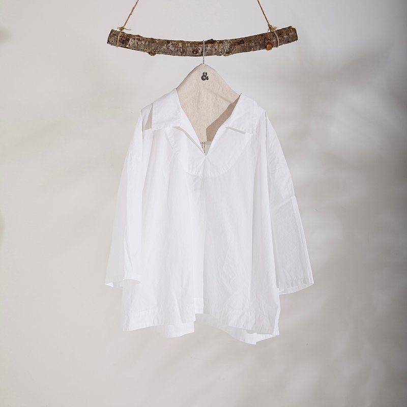 General umbrella-shaped shawl collar three-quarter sleeve top - Women's Tops - Cotton & Hemp White