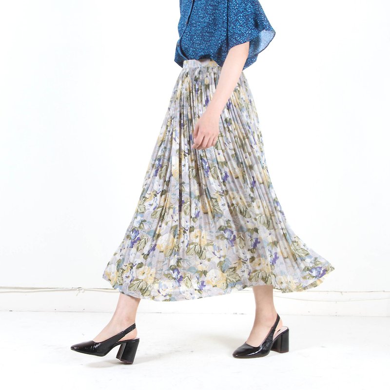 [Egg Plant Vintage] Cool Flower River Pleat Printed Vintage Dress - Skirts - Polyester Blue
