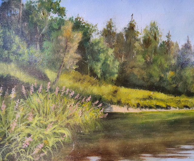 Large H Wilson Oil Canvas Painting - Mill Mountain River
