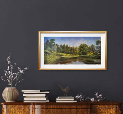 水彩画 風景 額縁 清流 インテリア 絵画 森 川 c1d60e6dac5ce731ded4ea1a8f2b28